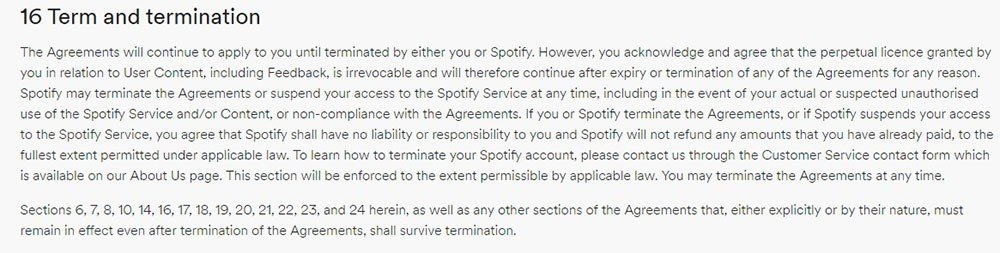 Spotify使用条款和条件:期限和终止
