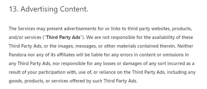 Pandora使用条款：广告内容条款