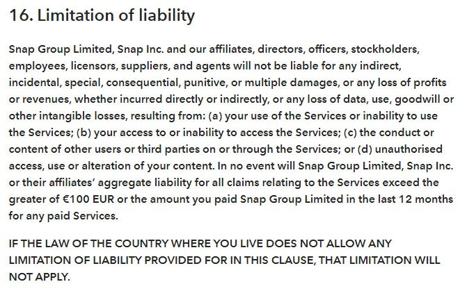 Snap's服务条款:责任限制条款