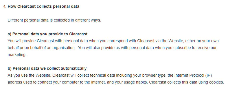 Clearcast隐私政策:Clearcast如何收集个人数据条款
