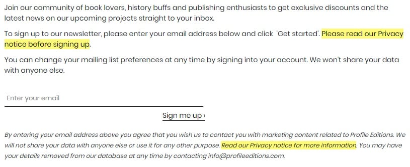 个人资料版电子邮件通讯注册表，突出显示隐私政策