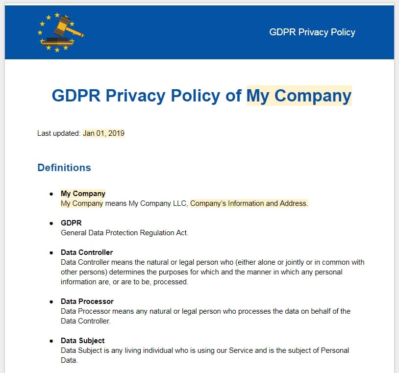 示例:GDPR隐私策略模板
