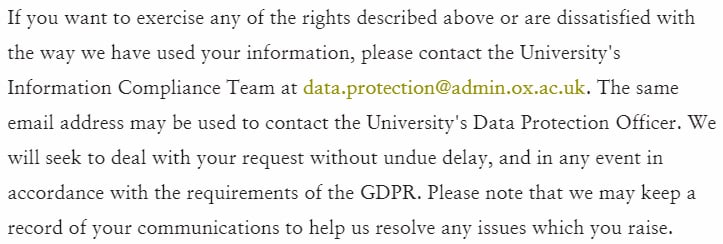 牛津大学隐私政策:摘录如何行使GDPR法律权利条款