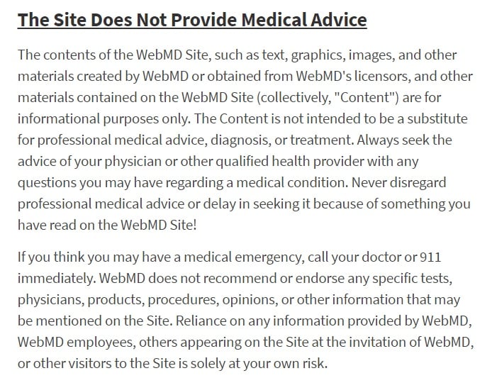 WebMD医疗建议免责声明