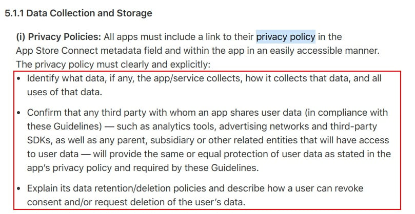 苹果App Store审查指南:数据收集和存储条款-强调隐私政策要求