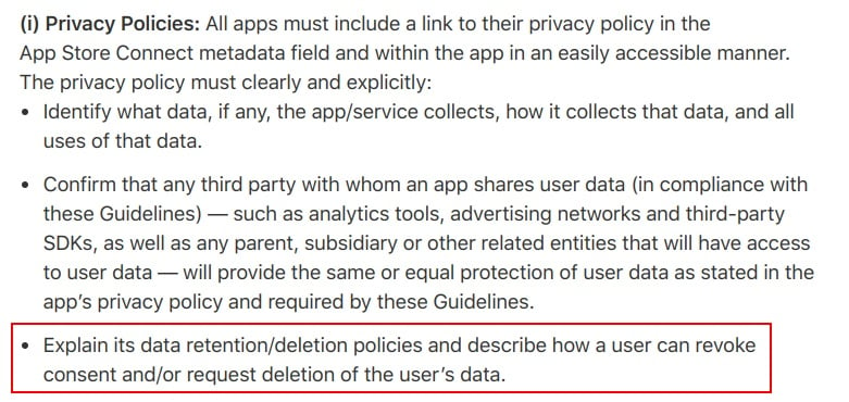 Apple App Store审查指南：隐私政策和数据保留，删除和同意要求