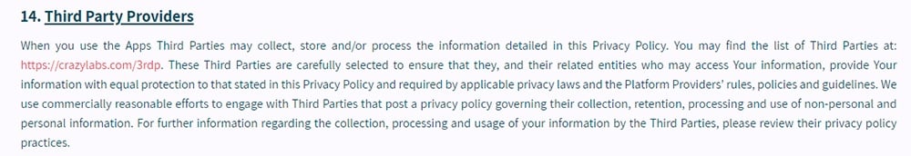 疯狂的实验室隐私政策：第三方提供者条款