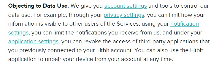 Fitbit隐私政策:反对数据使用条款