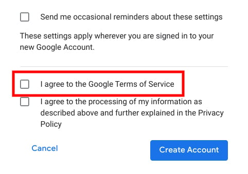 谷歌创建账户表格，并突出显示同意服务条款复选框＂decoding=