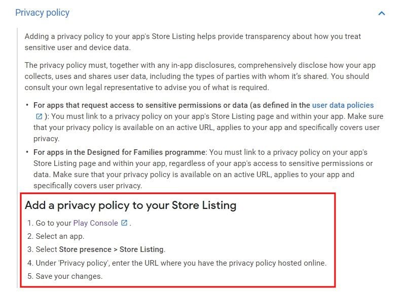 Google Play控制台帮助：存储列表 - 添加隐私政策的步骤