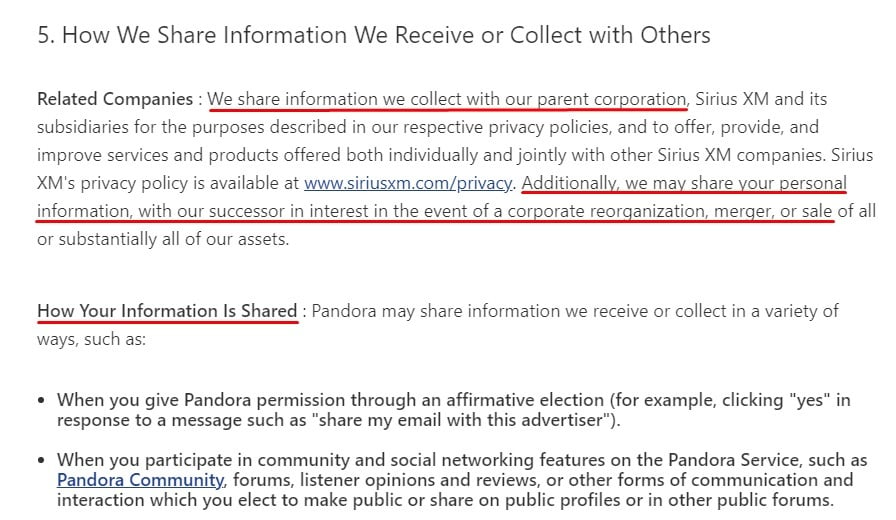 Pandora隐私政策：我们如何分享我们收到或与他人收到或收集的信息摘录