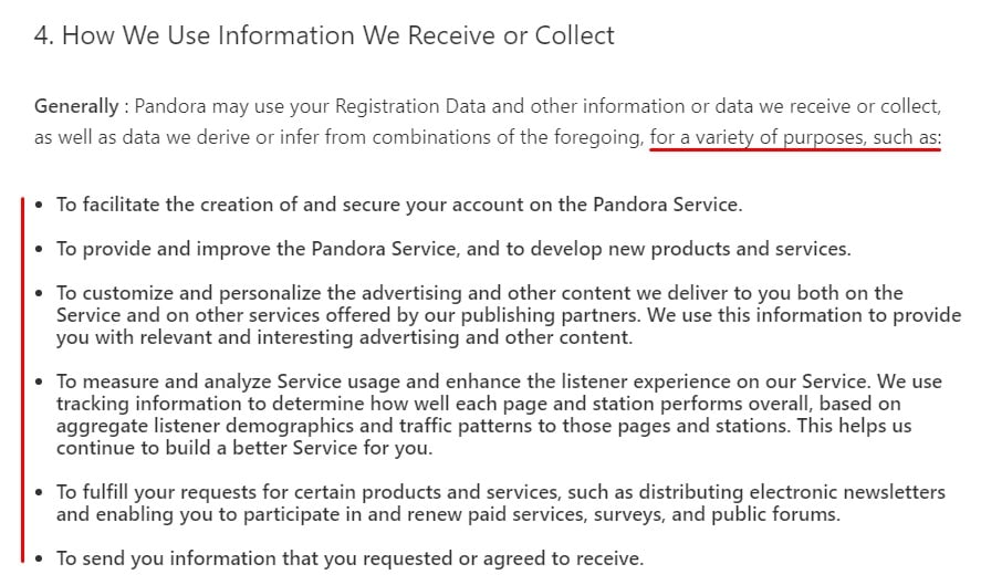 Pandora隐私政策：我们如何使用我们收到或收集的信息或收集条款摘录