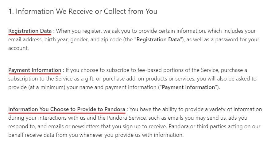 Pandora隐私政策：我们收到或收集的信息摘录