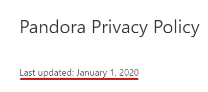 Pandora隐私政策与上次更新日期突出显示