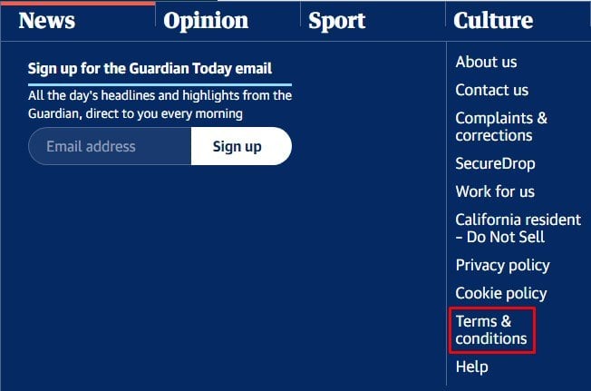 介绍了Guardian网站页脚，条款和条件链接突出显示“decoding=