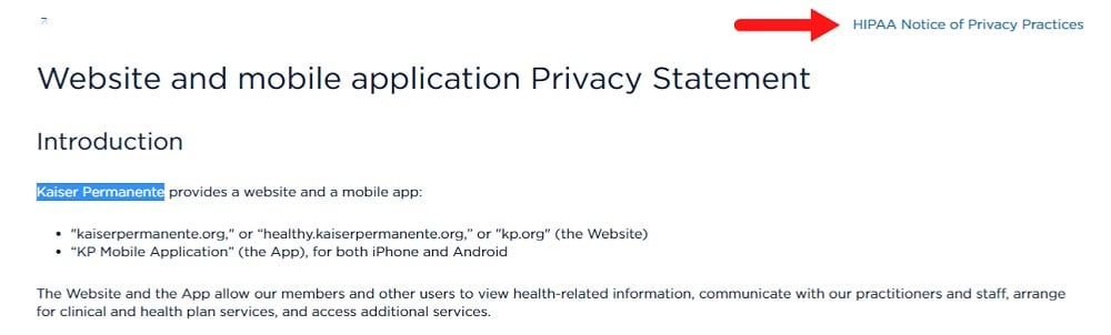Kaiser Permanente隐私声明介绍部分，突出显示HIPAA隐私声明链接＂decoding=