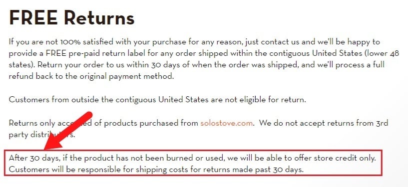 Solo Stove Shipping and Returns页面：备份返回部分 - 突出显示的退货30天“decoding=