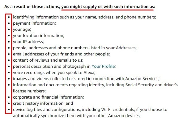 亚马逊隐私声明：收集条款的个人信息示例