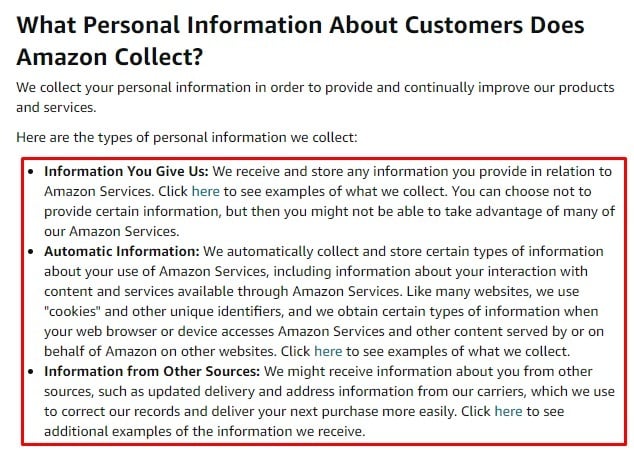 亚马逊隐私声明：亚马逊Collect子句的有关客户的个人信息