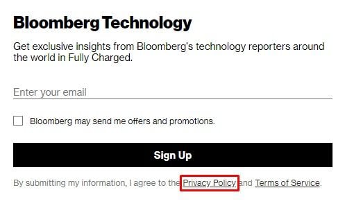 Bloomberg技术电子邮件通讯注册表格与隐私政策链接突出显示