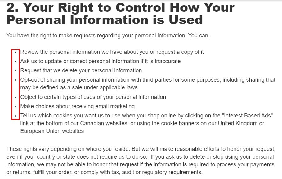 差距隐私政策：您控制个人信息如何使用条款的权利