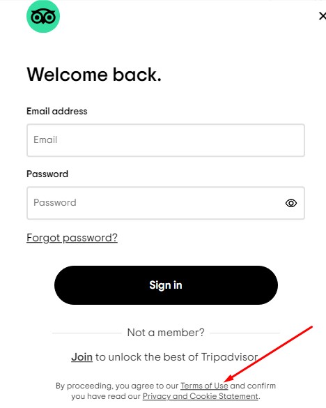 TripAdvisor登录表格，其中包含使用链接突出显示