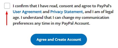 PayPal注册页面-同意和创建帐户与复选框突出显示＂decoding=